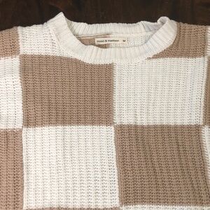 Moon & Madison Men's Crewneck Sweater - White and Brown Checkered